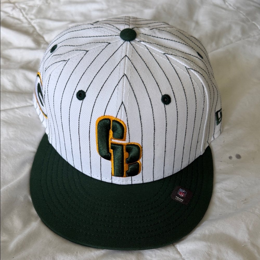 New Era White and Dark Green Pinstripe Green Bay Hat with Gold Accent